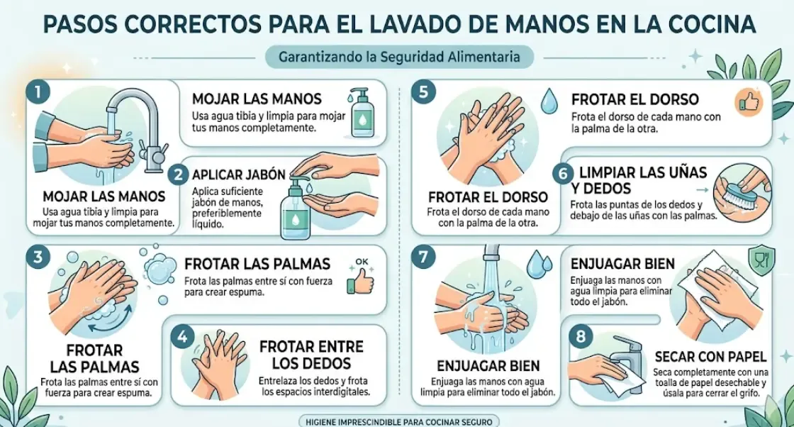 Pasos correctos para el lavado de manos en la cocina