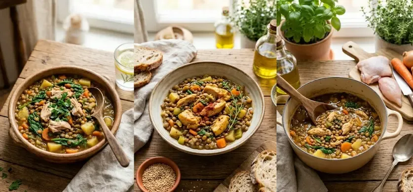 Plato de lentejas saludables con verduras y pollo