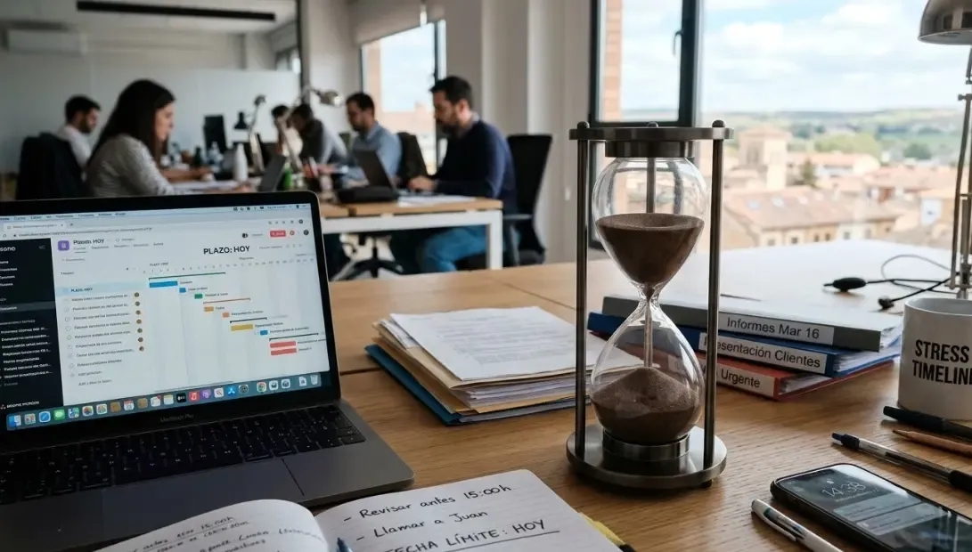 Reloj de arena sobre un escritorio moderno representando la gestión del tiempo y la presión de los plazos