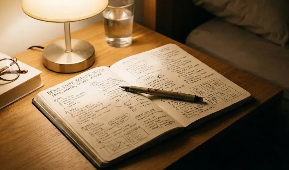 Libreta y bolígrafo en la mesilla de noche para hacer brain dump antes de dormir