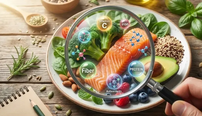 Lupa enfocando un plato de comida saludable, simbolizando el análisis de los nutrientes ocultos