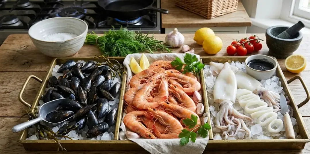 Diferentes tipos de marisco fresco: mejillones, gambas y calamares listos para cocinar