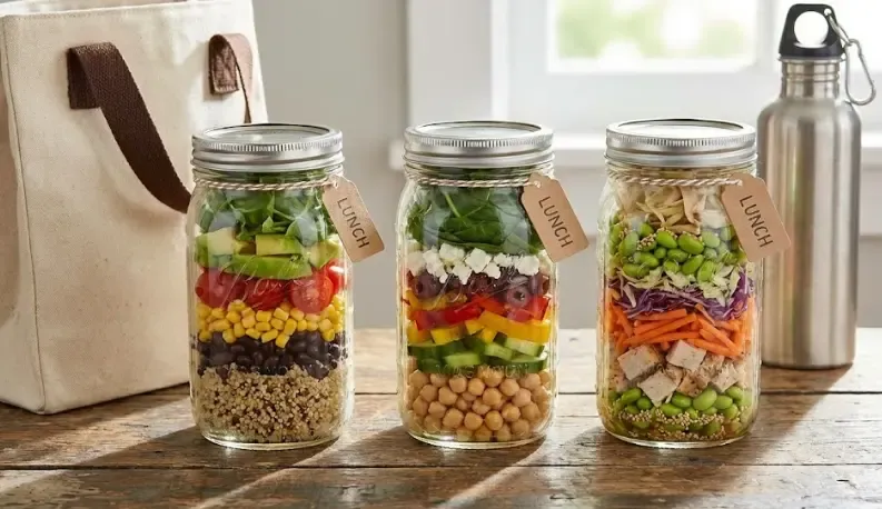 Tarros de cristal con ensaladas por capas (Mason Jar) listos para llevar al trabajo