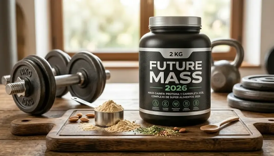 Bote de mass gainer sobre una tabla de madera con cuchara dosificadora y pesas de fondo