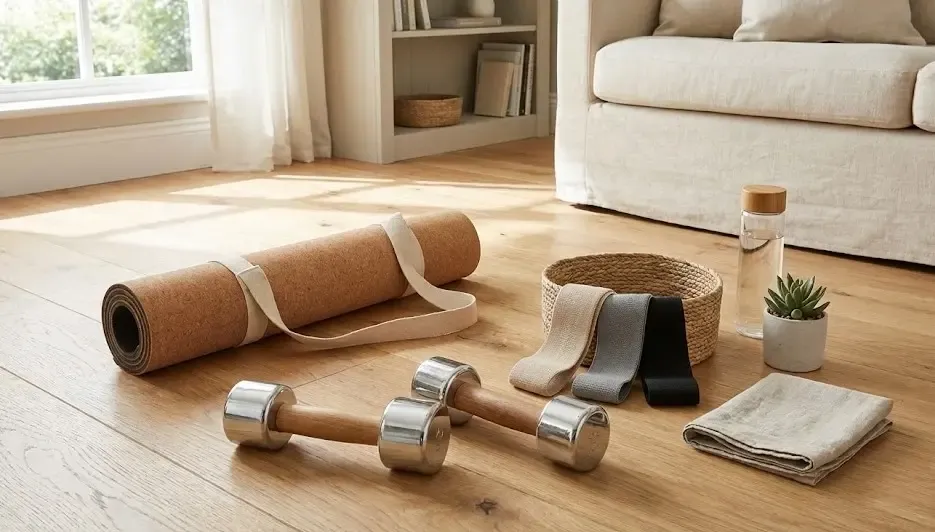 Suelo de salón con una esterilla, unas mancuernas y bandas elásticas perfectamente organizadas