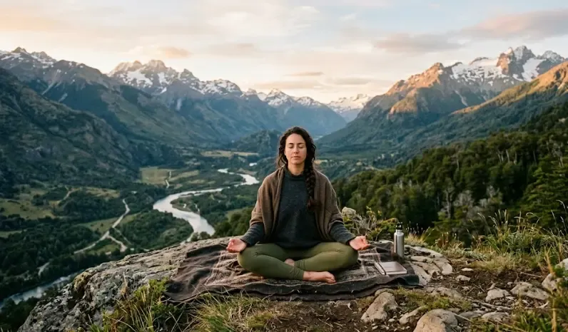 Persona meditando en la naturaleza, rodeada de árboles, con expresión serena y ojos cerrados