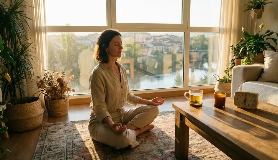 Persona practicando yoga y meditación al amanecer en el salón de su casa, reflejando paz y control del tiempo