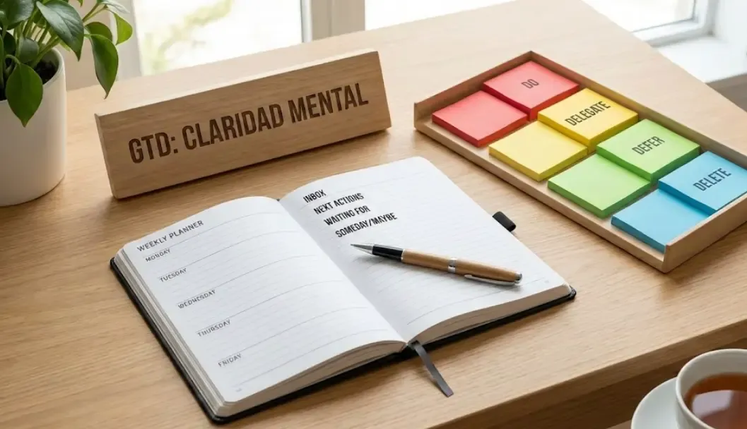 Escritorio organizado con una libreta, bolígrafo y post-its categorizados, simbolizando la claridad mental del método GTD