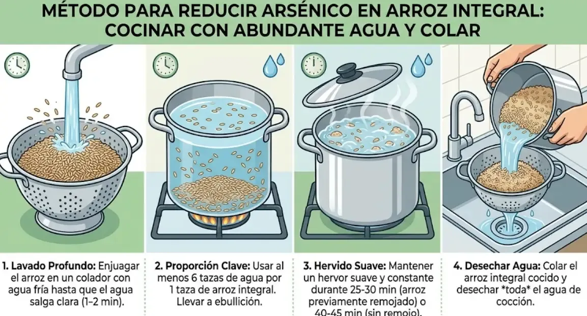 Método para reducir arsénico en arroz integral: cocinar con abundante agua y colar