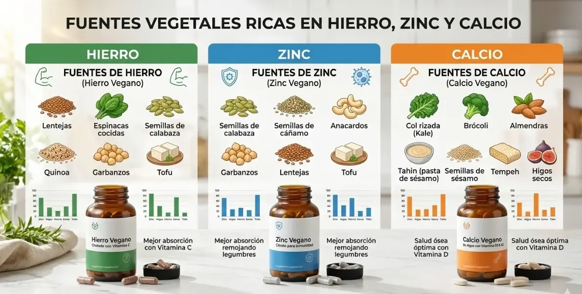 Infografía que muestra fuentes vegetales ricas en hierro, zinc y calcio junto a frascos de suplementos limpios