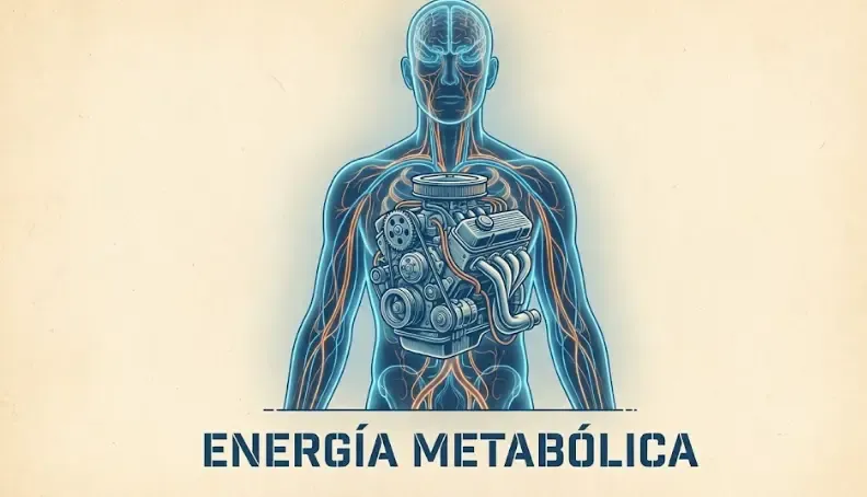Ilustración conceptual de un motor de coche fusionado con una silueta humana, representando la energía metabólica