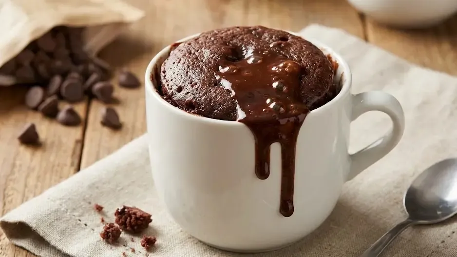 Un Mug Cake de chocolate recién salido del microondas en una taza blanca, con el chocolate negro fundido en la parte superior