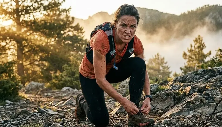 Mujer atándose las zapatillas de deporte con expresión de determinación