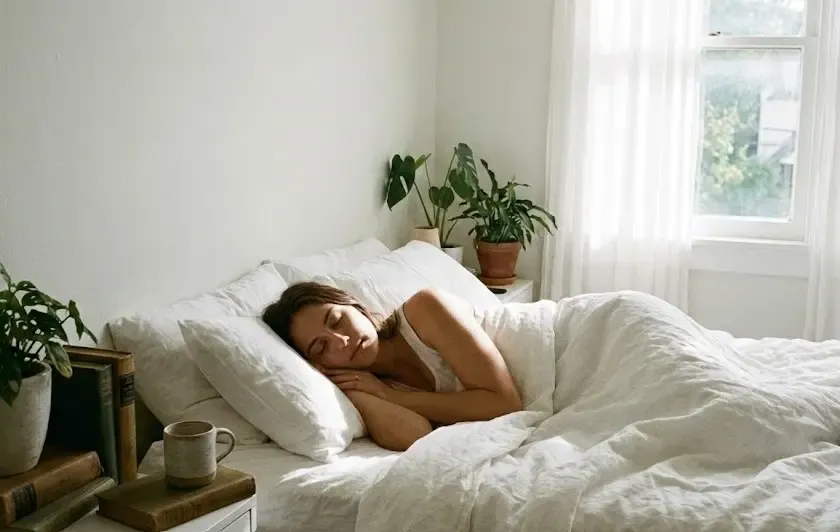Mujer durmiendo plácidamente en una cama con ropa de cama blanca y ambiente relajado