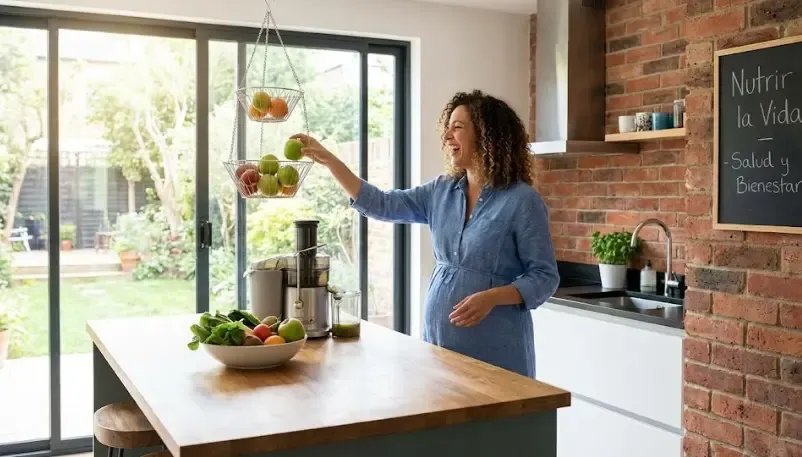 Mujer embarazada sonriente en la cocina eligiendo una manzana verde, simbolizando salud y bienestar