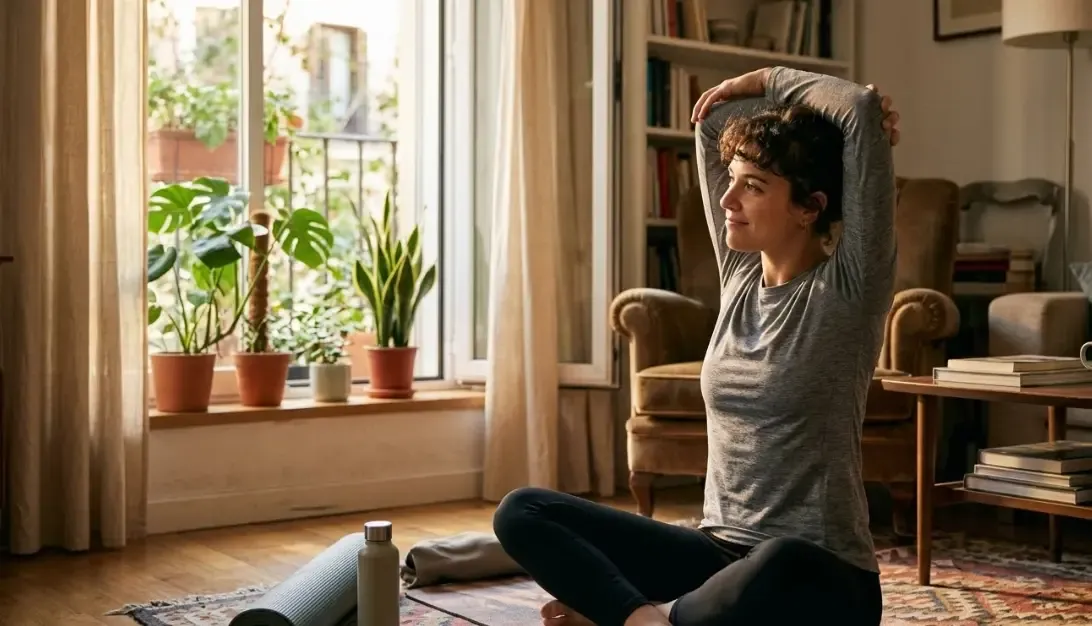 Mujer estirando brazos en casa tras entrenamiento, ambiente relajado, luz cálida