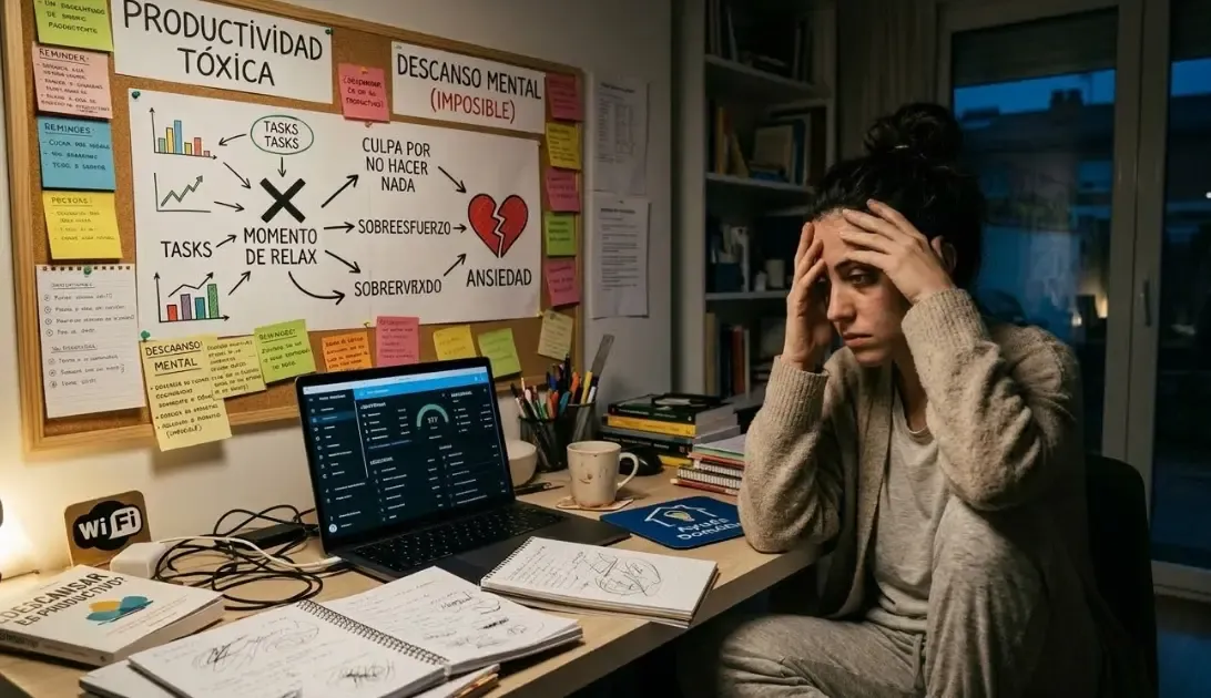 Mujer estresada frente al ordenador trabajando hasta tarde