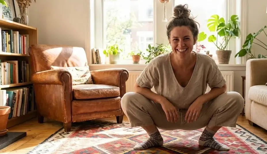 Mujer sonriente realizando una sentadilla en el salón de su casa con ropa cómoda