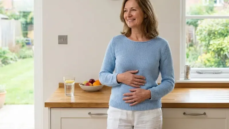 Mujer sonriente con las manos sobre su estómago en señal de bienestar digestivo y ligereza