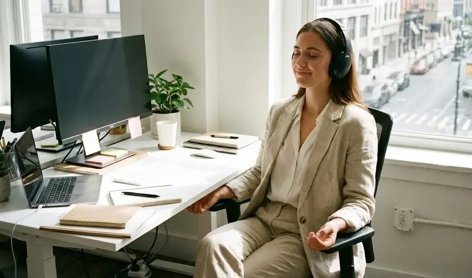 Mujer joven con ropa de trabajo y auriculares, practicando una pausa de mindfulness en su escritorio de oficina