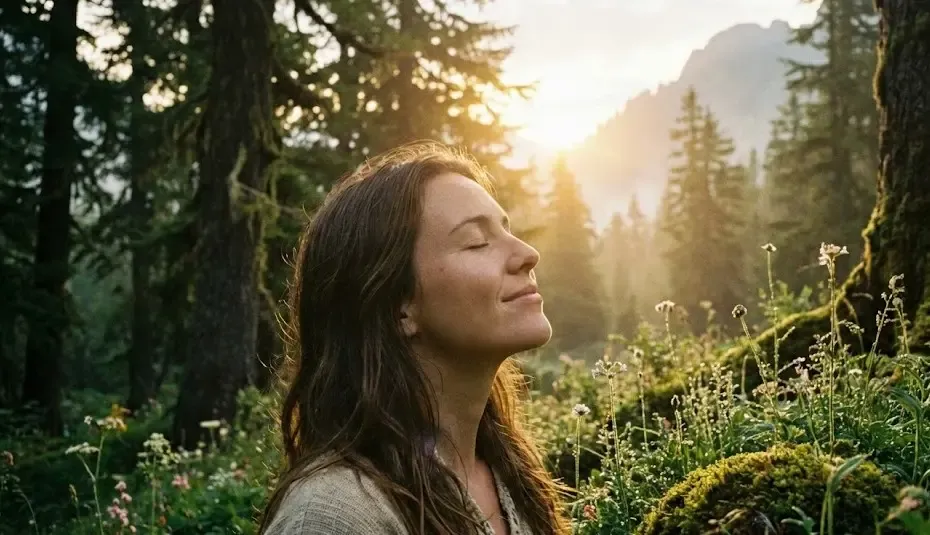 Mujer con los ojos cerrados respirando aire fresco en un entorno natural, transmitiendo paz