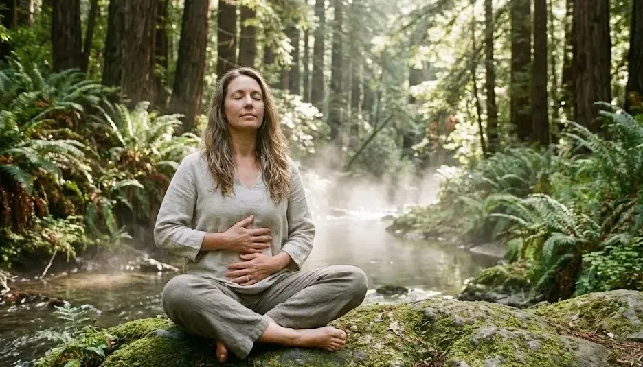 Mujer con los ojos cerrados practicando respiración profunda en un entorno natural y tranquilo