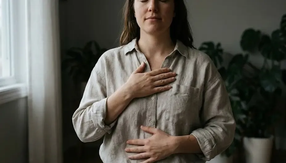 Primer plano de una persona con las manos en el pecho y abdomen, ojos cerrados, practicando respiración consciente