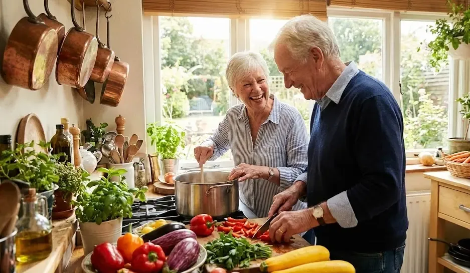 Pareja de adultos mayores cocinando juntos alimentos frescos y coloridos en una cocina luminosa