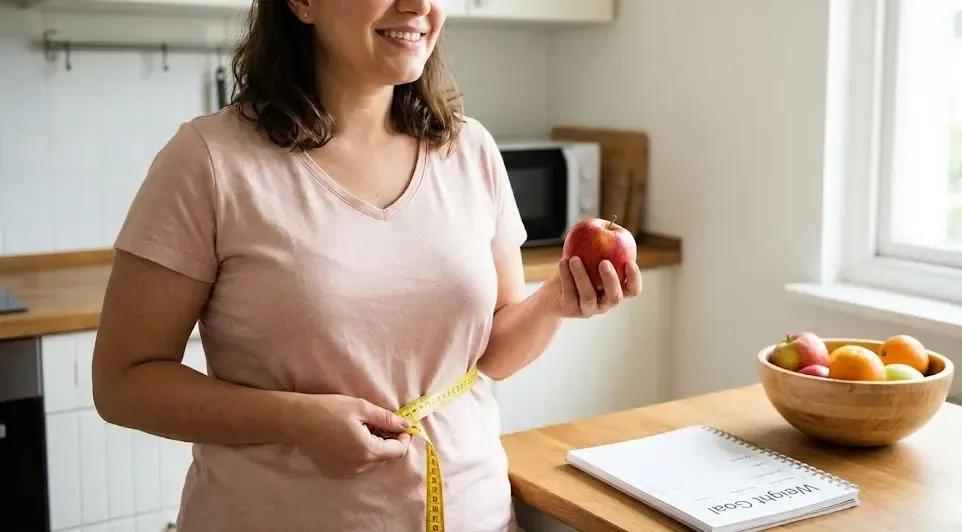 Persona sosteniendo una cinta métrica y una manzana, reflejando el inicio de un proceso de control de peso saludable