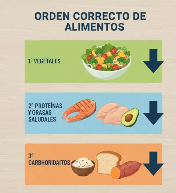 Infografía visual mostrando el orden correcto de ingerir alimentos: primero verduras, segundo proteínas, tercero carbohidratos