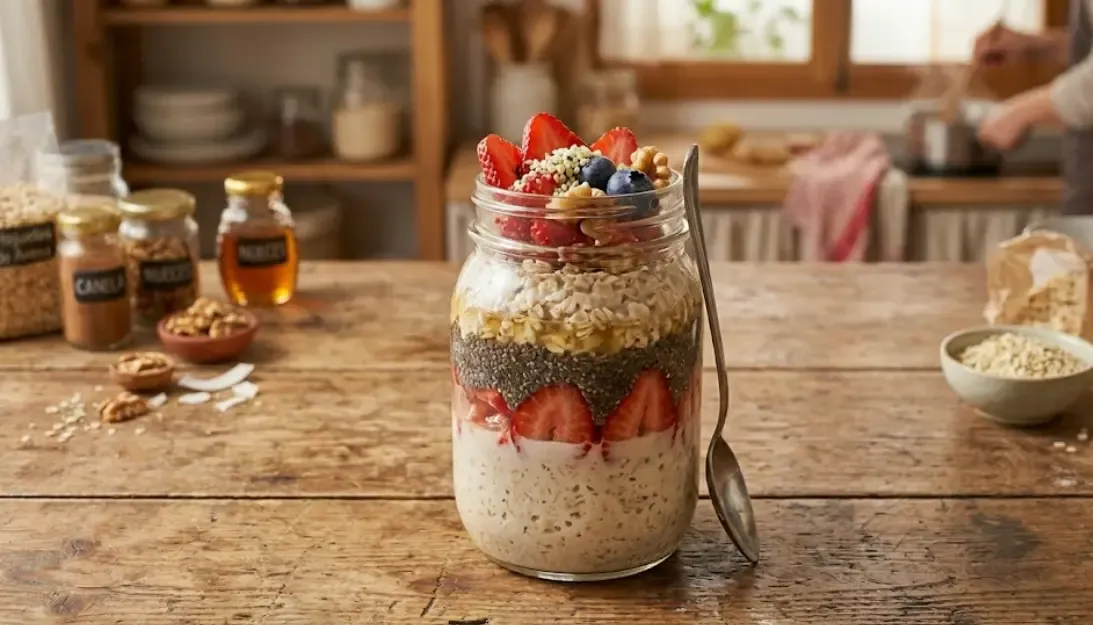 Overnight oats en tarro de cristal con fresas y chía