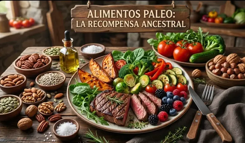Alimentos de la dieta paleo: carne magra, pescado, huevos, verduras, frutas, frutos secos y semillas