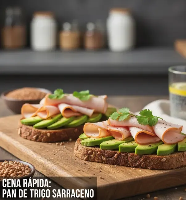 Pan de trigo sarraceno recién tostado, relleno de aguacate y pavo, ideal para una cena rápida
