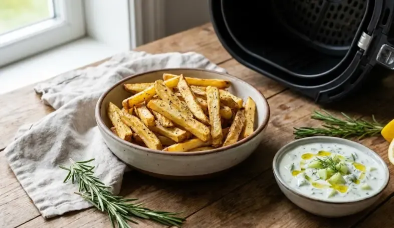Bodegón con patatas fritas saludables hechas en air fryer junto a salsa de yogur casera