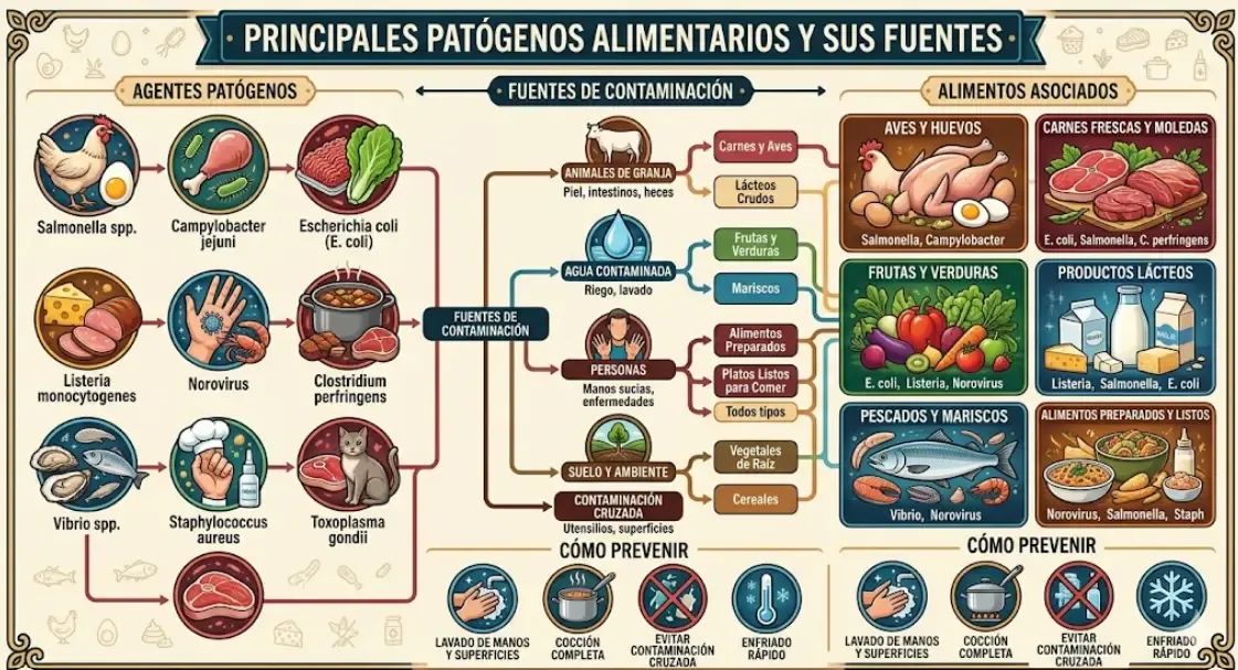 Infografía de los principales patógenos alimentarios y sus fuentes