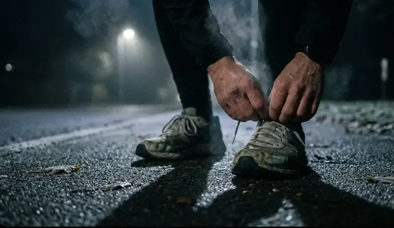Primer plano de unas manos atándose los cordones de las zapatillas deportivas en la oscuridad de la madrugada, simbolizando el esfuerzo invisible