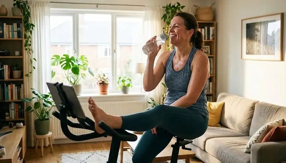 Persona bebiendo de una botella de agua y descansando felizmente en una bicicleta estática en el salón de su casa