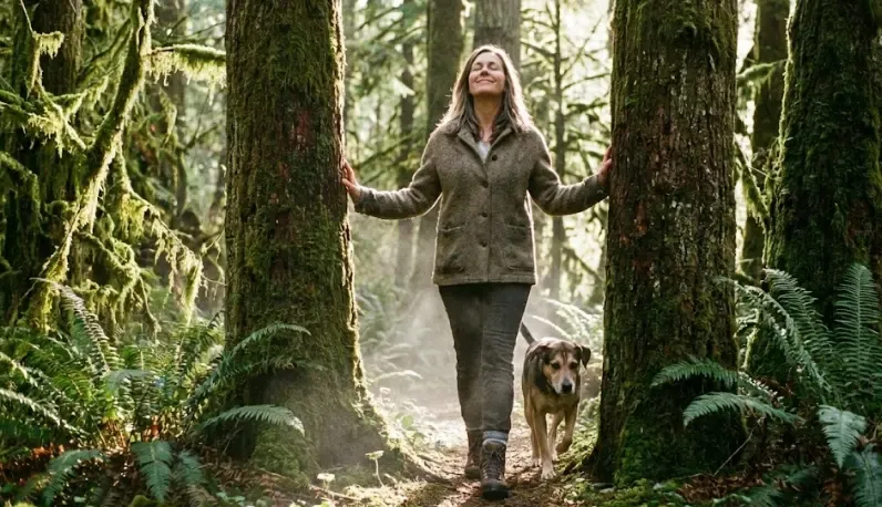 Persona caminando tranquilamente por un bosque, respirando aire puro y desconectando