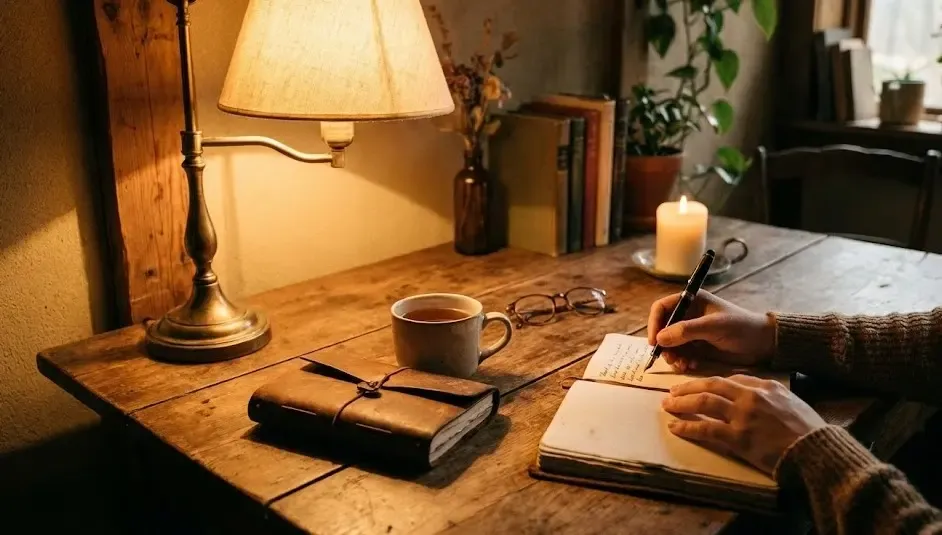 Persona escribiendo en un diario personal con una taza de té, ambiente relajado
