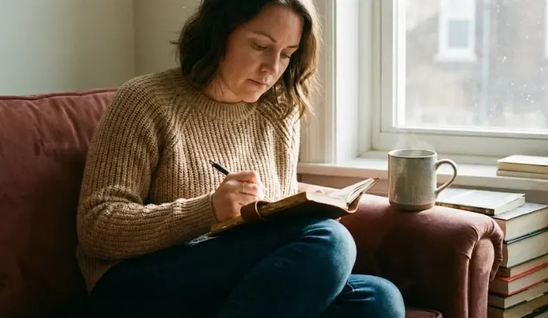 Persona escribiendo en un diario personal con una taza de té, practicando la escritura terapéutica