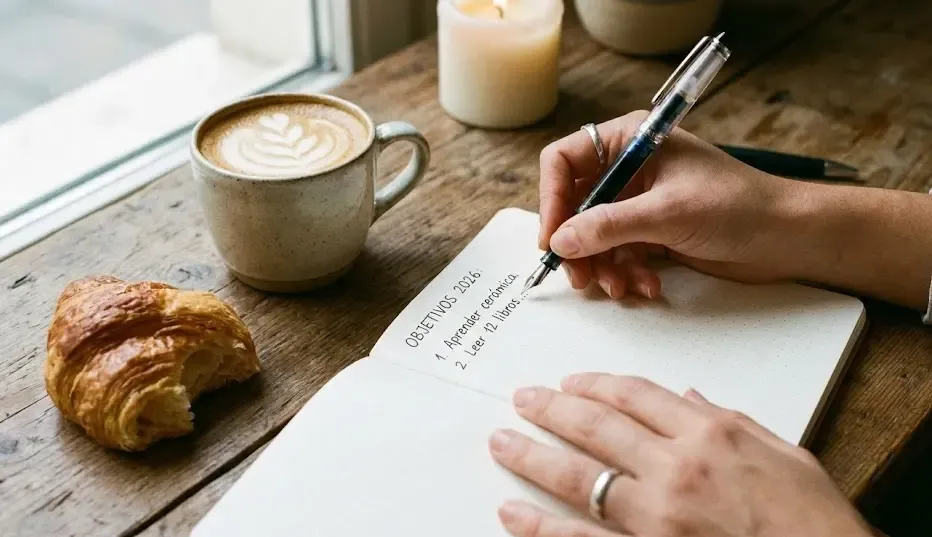 Primer plano de manos escribiendo en una libreta de puntos con un café al lado, planificando objetivos con calma