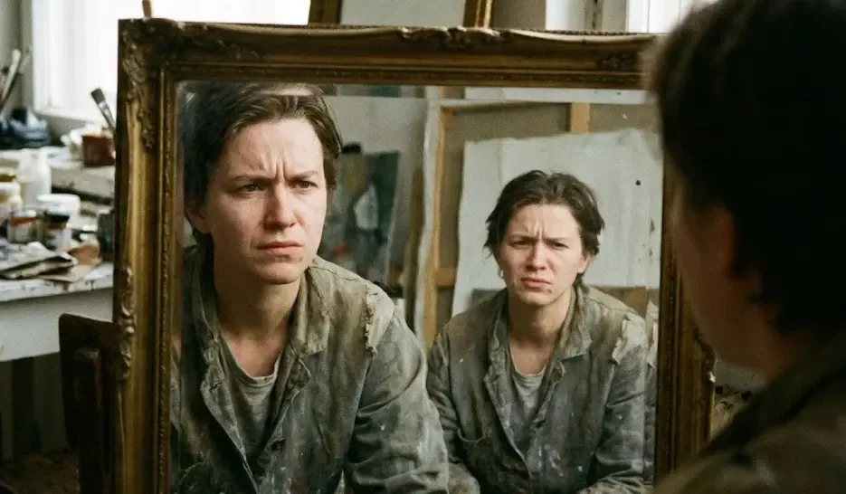 Persona mirándose en un espejo con expresión de duda, viendo un reflejo distorsionado o más pequeño de sí misma