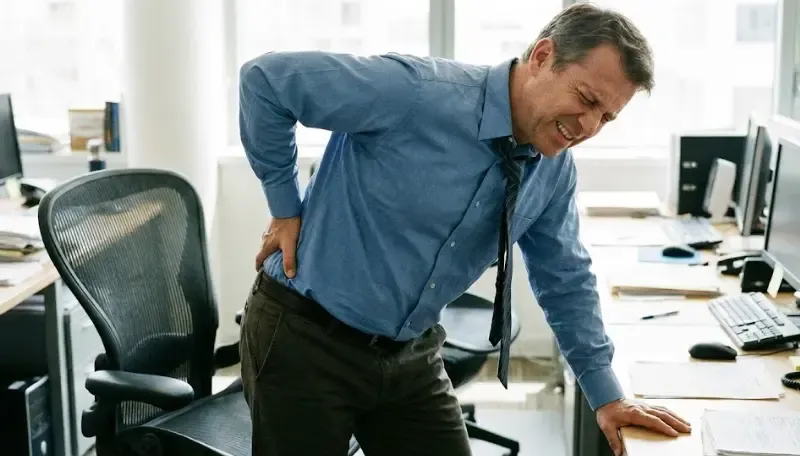 Persona en ropa de oficina tocándose la zona lumbar con expresión de dolor o rigidez