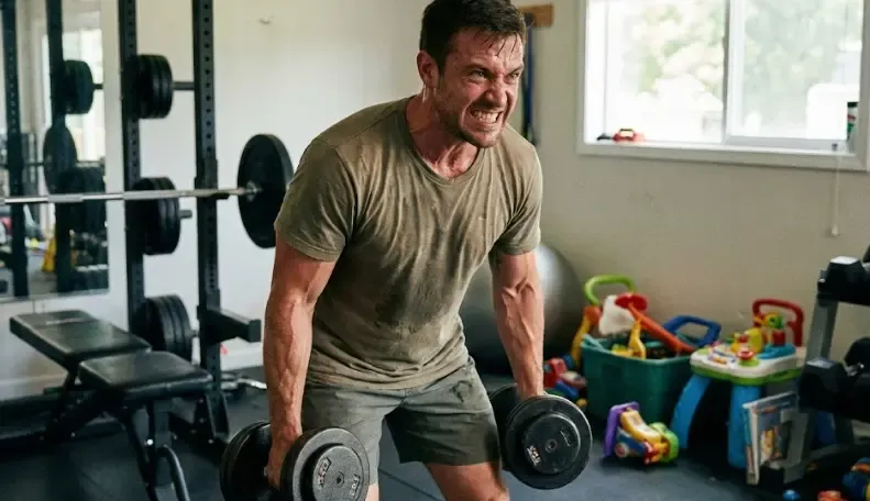 Persona levantando pesas en casa con cara de esfuerzo y concentración