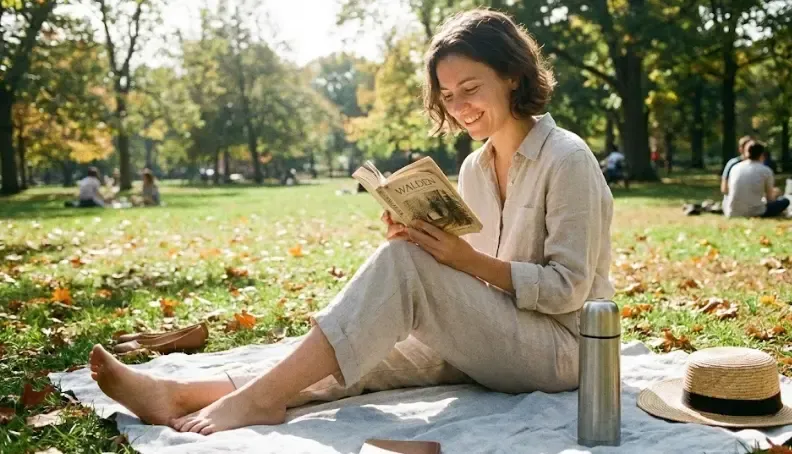Persona leyendo un libro en papel en un parque, disfrutando de la desconexión
