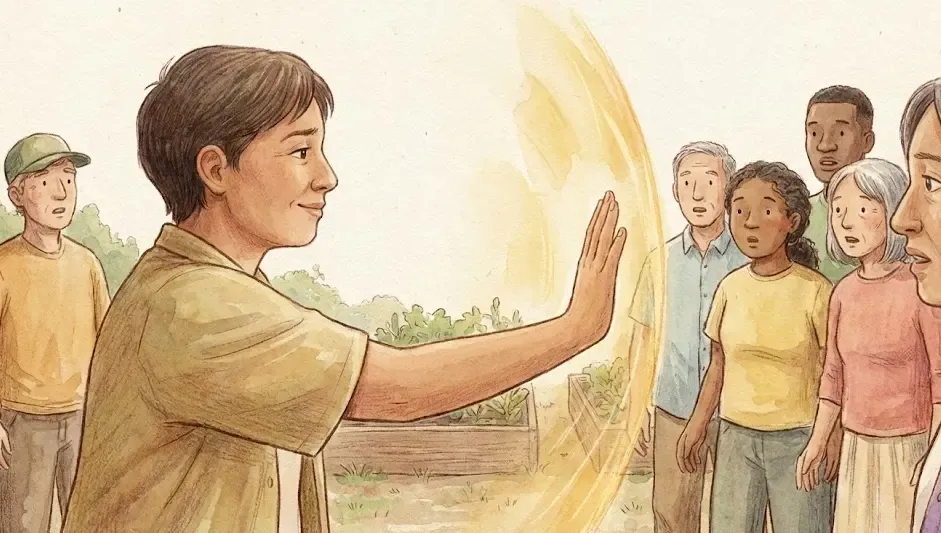 Ilustración de una persona poniendo un límite con la mano de forma amable pero firme frente a un grupo