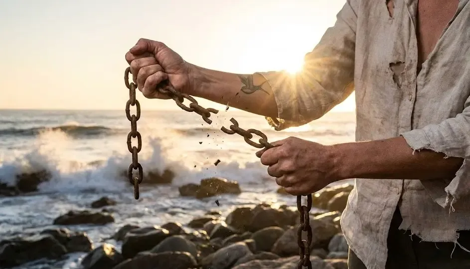 Persona rompiendo simbólicamente unas cadenas, representando la liberación de un mal hábito