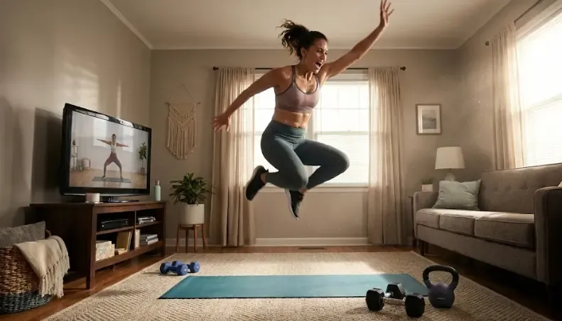 Persona saltando en el aire durante un entrenamiento de alta intensidad en el salón de casa