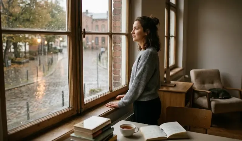 Persona sentada en un sillón junto a una ventana, mirando el exterior con una expresión tranquila y serena