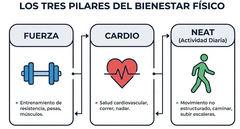 Infografía sencilla mostrando los tres pilares: Icono de pesa (fuerza), corazón (cardio) y persona caminando (NEAT)